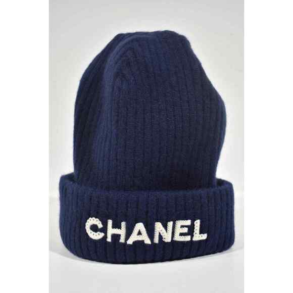 Chanel 22B Cashmere Navy Blue White Sequin CC Logo Beanie Winter Hat Cap Cloche main image 8